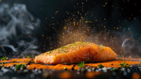 Raw salmon fillet with a dusting of spices and herbs, ready for culinary useの素材