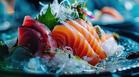 Selective focus on beautifully presented fresh mixed sashimi slices, gourmet dining conceptの素材