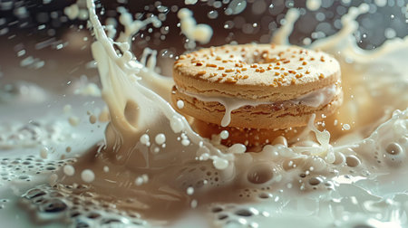 Sandwich cookie entering milk, surrounded by splash and dropletsの素材