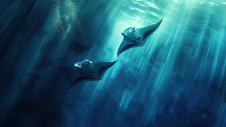 Majestic manta rays gliding effortlessly through the deep blue ocean, illuminated by sunlightの素材