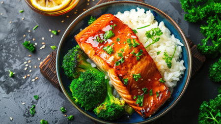 Homemade healthy meal of baked hot honey glazed salmon with rice and fresh broccoliの素材