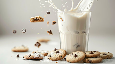 Milk splashing out of a glass with cookies on the side, white backgroundの素材