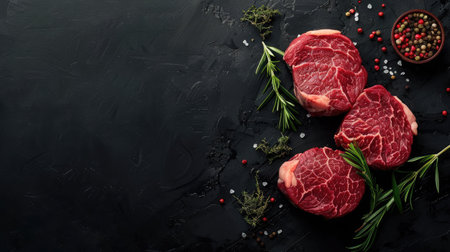 Raw marbled beef steaks on a black background with herbs and spicesの素材