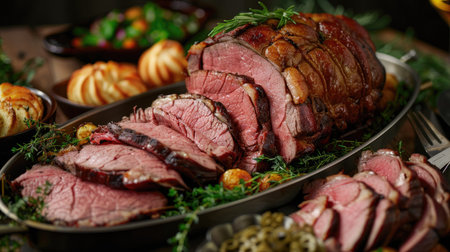 Sliced roast beef cold cuts with contemporary plating of Sunday roast sidesの素材