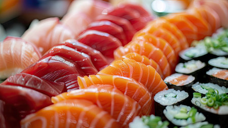 Selective focus on a variety of fresh sashimi cuts, enhancing the visual appealの素材
