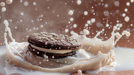 Sandwich cookie creating a splash in milk, with droplets flying, isolatedの素材