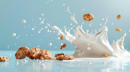 Milk splash with cookies nearby, droplets in mid-air, clean backgroundの素材