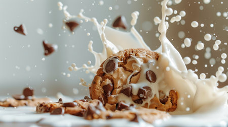 Milk splash with chocolate chip cookies in the foreground, droplets flyingの素材