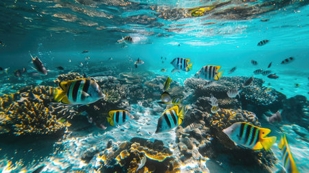 Tropical fish swimming over a beautiful coral reef in clear ocean watersの素材