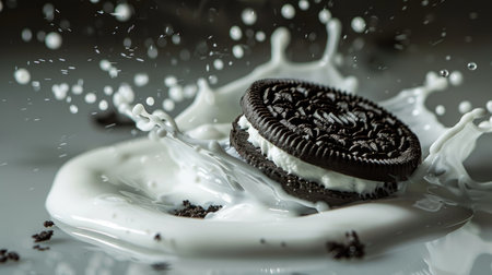 Oreo-style cookie hitting milk surface, dramatic splash and droplets aroundの素材