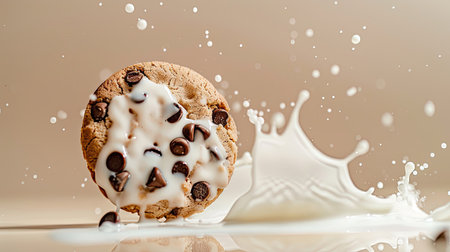 Milk splashing upwards as cookie falls, isolated with clean backgroundの素材