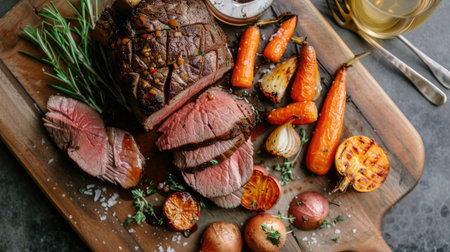 Modern style Sunday roast featuring sliced roast beef, gravy, and roasted root vegetablesの素材