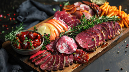 Sliced roast beef cold cuts with modern presentation of traditional Sunday roast sidesの素材