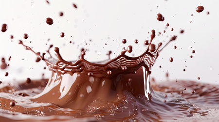 Rich chocolate milk splash with suspended droplets, isolated on whiteの素材
