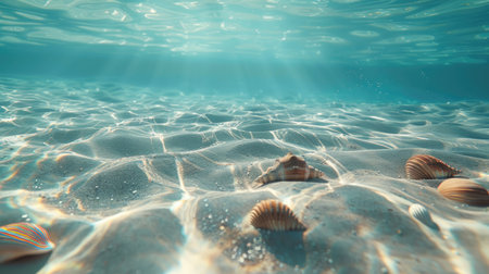 Underwater view of a sandy ocean floor with scattered shells and gentle ripplesの素材