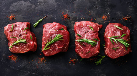Selection of raw marbled beef steaks with spices, isolated on a dark backgroundの素材