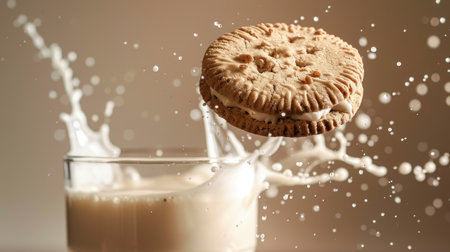 Sandwich cookie mid-air about to splash into a glass of milk, droplets flyingの素材