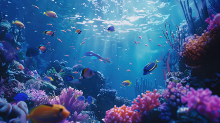 School of tropical fish swimming over a lush coral reef in a serene underwater seascapeの素材