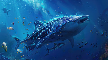 Whale shark swimming gracefully in deep blue waters, surrounded by smaller fishの素材