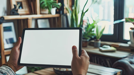 Close-up of a person holding a tablet with a white screen, ready for design inputの素材