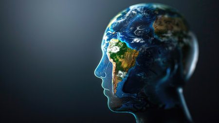 Clear head overlapping with Earth, highlighting innovative global connectionsの素材