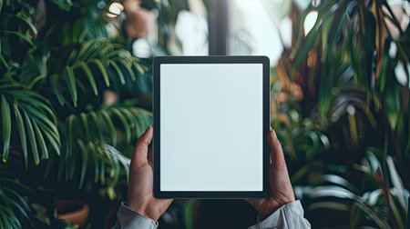 Close-up of a person holding a tablet with a white screen, ready for app showcasesの素材