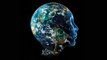 Earth blending with a transparent humanoid head, symbolizing interconnected global innovationの素材
