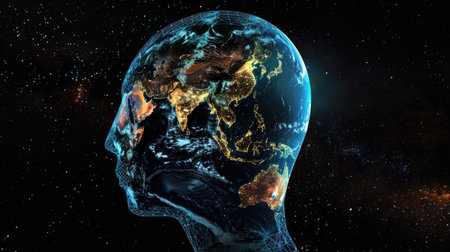 Clear head overlapping with Earth, highlighting innovative global connectionsの素材