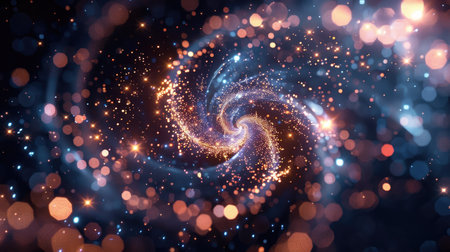 Abstract colored shiny sparks forming a spiral wave on a dark background, creating a mesmerizing visualの素材