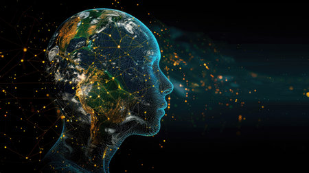 Clear head overlapping with Earth, highlighting innovative global connectionsの素材