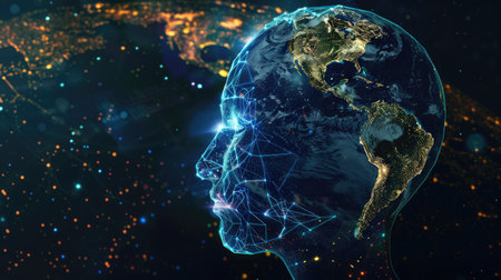 Clear head overlapping with Earth, highlighting innovative global connectionsの素材
