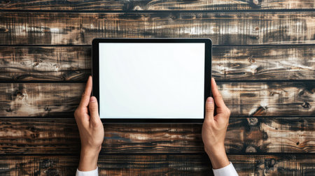 Hands holding a tablet with a white screen, ready for content display or design workの素材