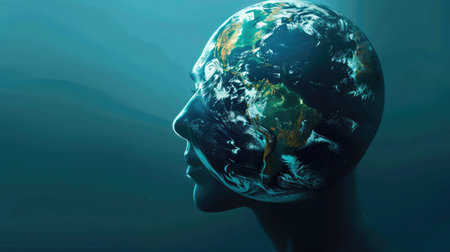 Clear head overlapping with Earth, symbolizing global technological integrationの素材