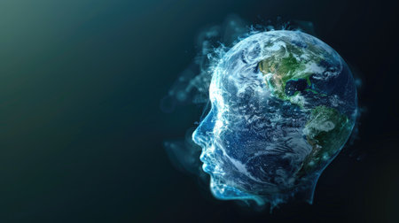 Earth blending with a translucent humanoid head, symbolizing the integration of global knowledgeの素材