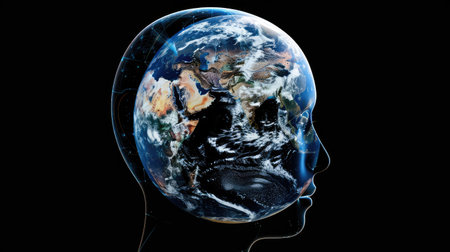 Clear head overlapping with Earth, symbolizing global technological integrationの素材