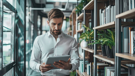 Office environment with a businessman using a digital tablet, engaged in tasksの素材