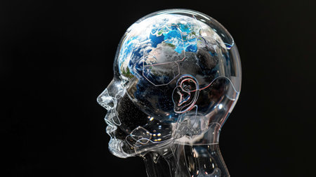 Innovative fusion of a clear humanoid head and Earth, symbolizing global innovationの素材