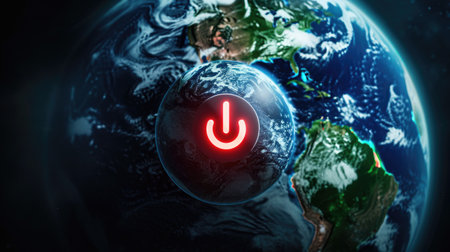 Earth incorporating a power switch icon, highlighting the global effort to reduce energy consumptionの素材