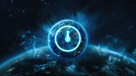 Planet Earth with a power button icon, representing global energy efficiency effortsの素材