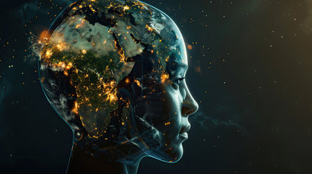 Innovative fusion of a clear humanoid head and Earth, highlighting global connectivityの素材