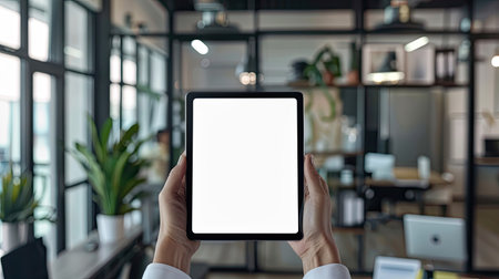 Individual holding a tablet with a white screen in a modern workspaceの素材