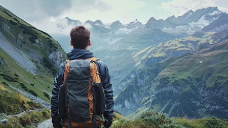 Man with backpack, lost in thought while hiking along a scenic mountain pathの素材