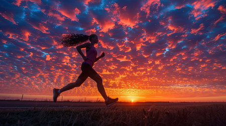 Silhouette of a sports girl running along a road at sunset, her legs in motion against the vibrant skyの素材