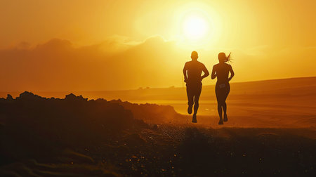 Early morning run at sunrise with a couple, silhouetted against the dawn lightの素材