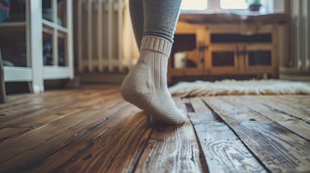 Close-up of a young woman's socked foot walking on a wooden floor at homeの素材