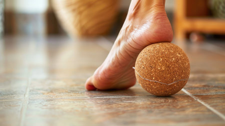 Detailed shot of a foot rolling on cork ball for plantar fascia release exerciseの素材