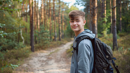 Happy teen boy with backpack, posing for a portrait on a forest trailの素材