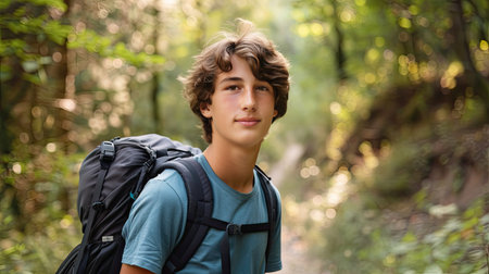 Teen boy with backpack, looking confidently at the camera during a hiking trip in natureの素材