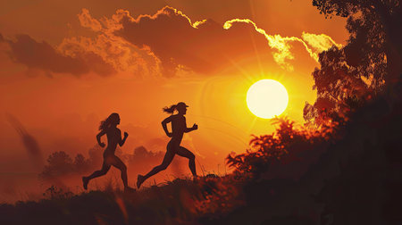 Sunrise workout with a couple running, their silhouettes outlined by the morning sunの素材