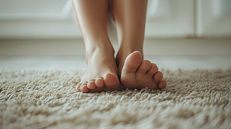Close-up of clean female feet with smooth, soft skin, resting on a light backgroundの素材